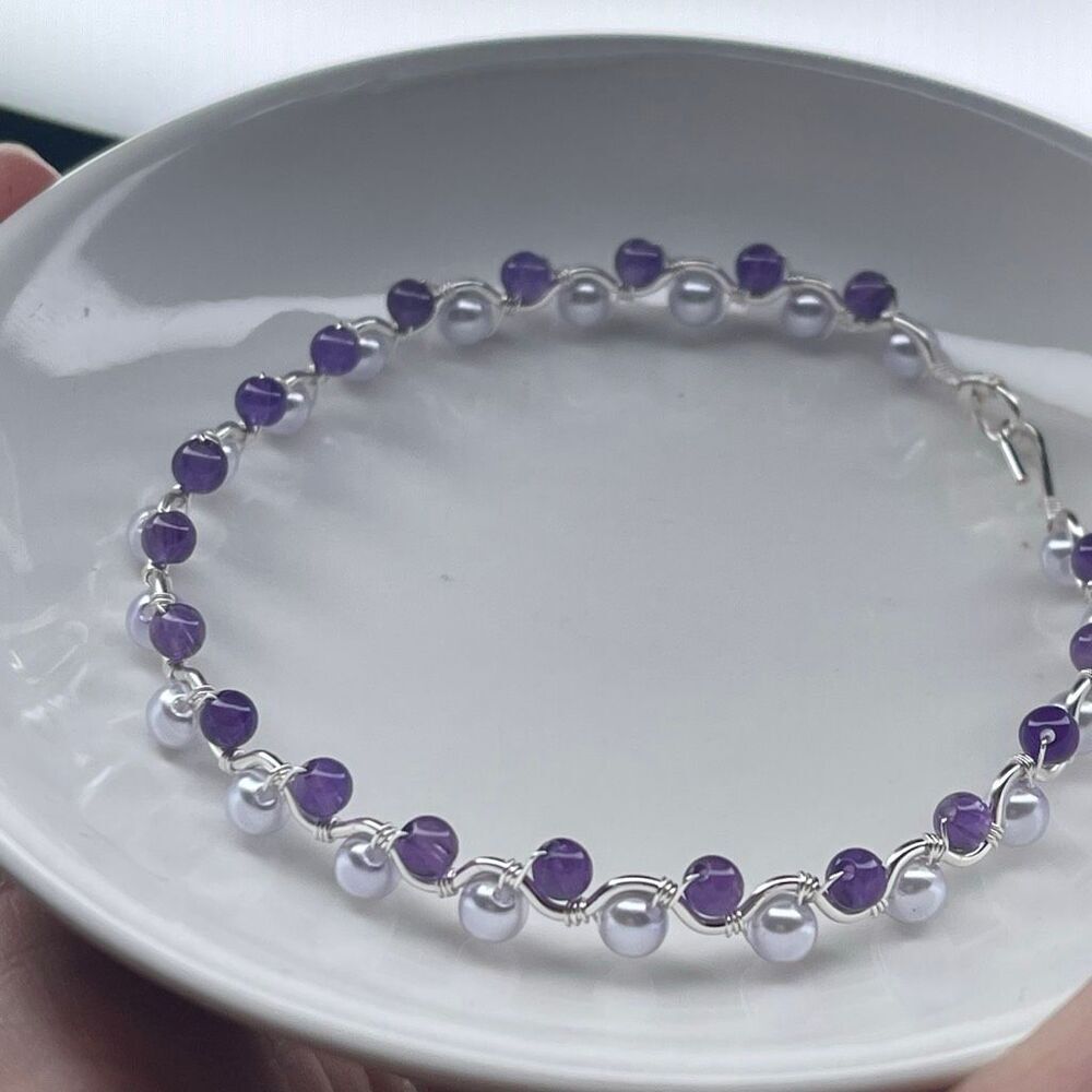 Rebekah bangle bracelet 8” silver copper core lavender purple shell beads pearls